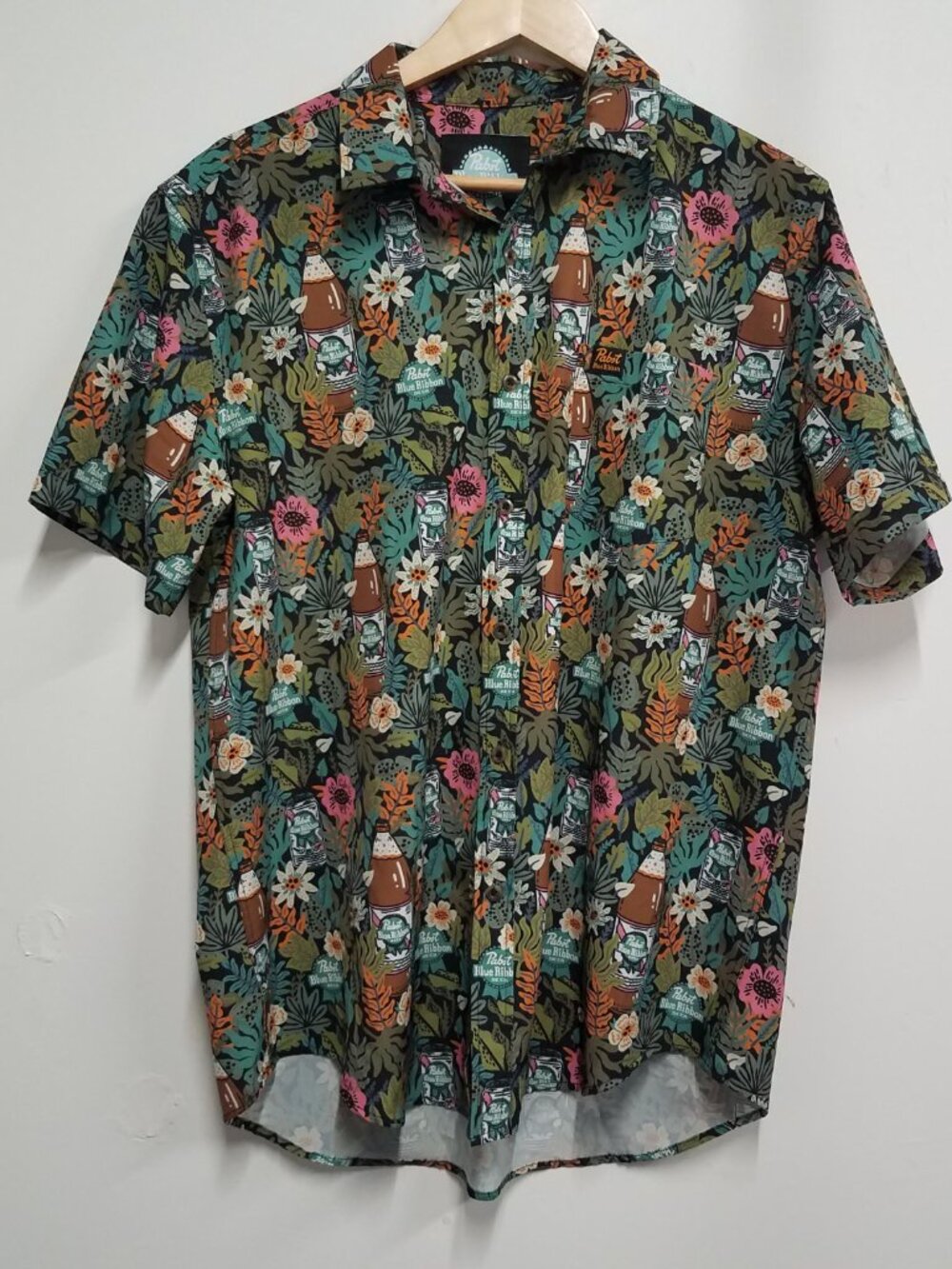 Pabst Blue Ribbon PBR Hawaiian Short Sleeve Button Front Shirt Mens Large L